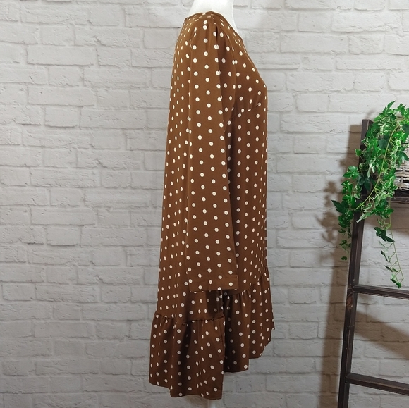OYE Cute Brown Polkadot Casual Retro Boho Loose Fit Swing Long Sleeve Dress NWT - Picture 9 of 10